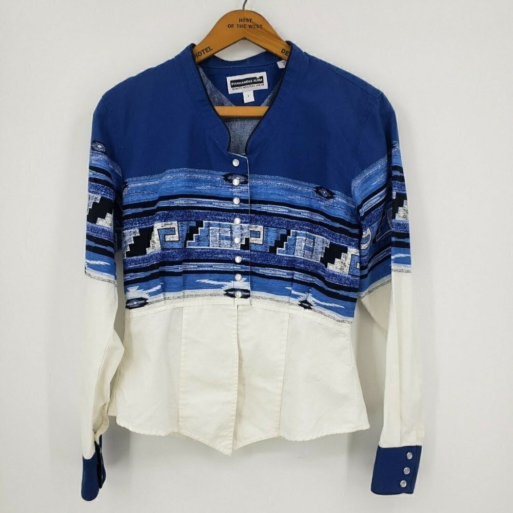 Panhandle Slim Western Wear Blouse Womens S Blue White Southwest Pearl Snaps
